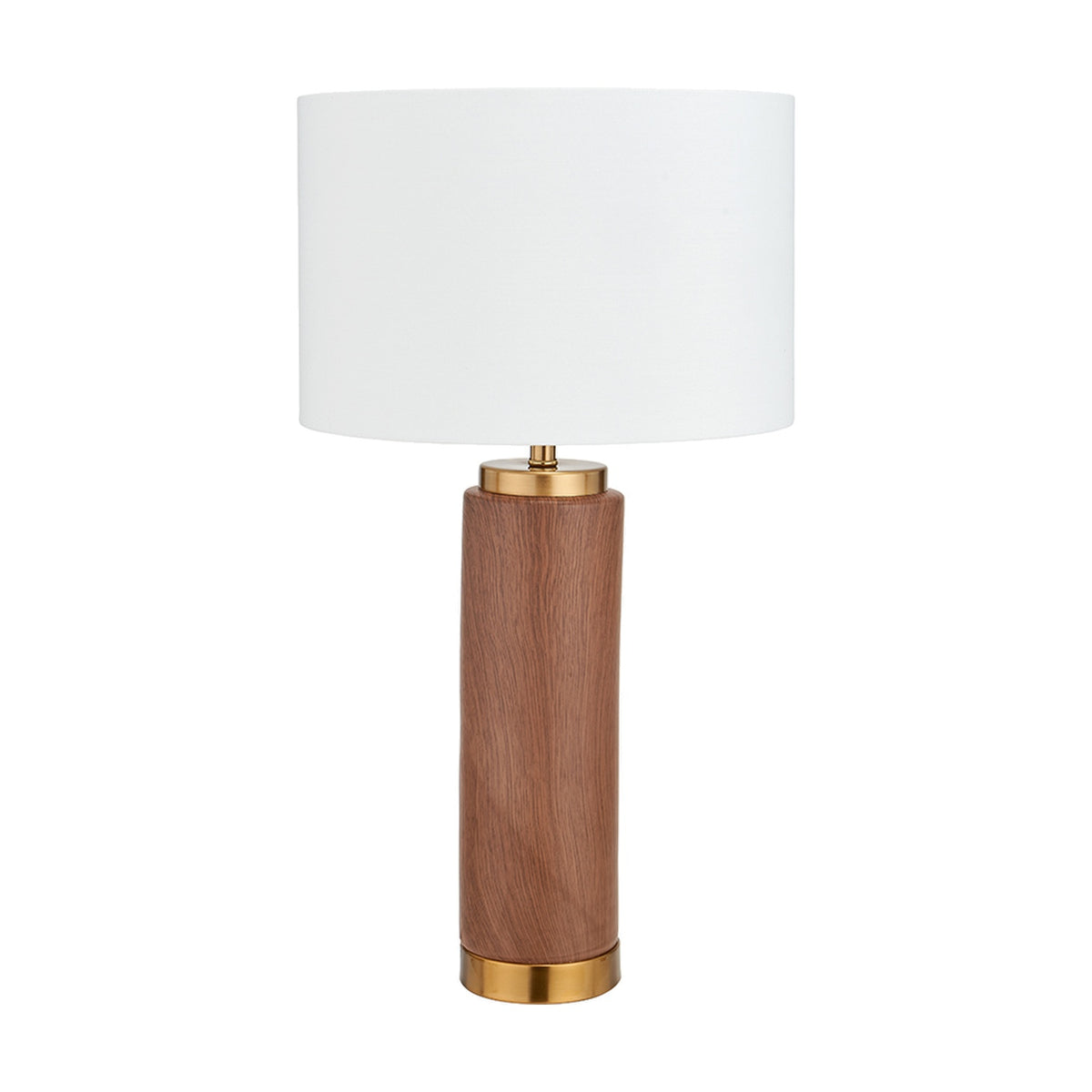 Carrara Wood Effect Ceramic Tall Table Lamp, 55cm, with a cylindrical wood-effect ceramic base, brass fittings, and a white drum fabric shade, on a plain white background.