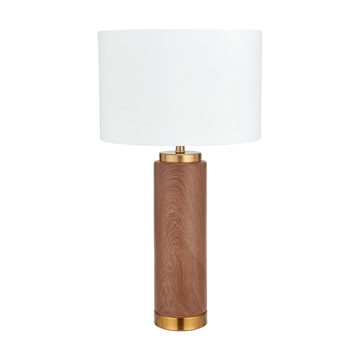 Carrara Wood Effect Ceramic Tall Table Lamp, 55cm, with a cylindrical wood-effect ceramic base, brass-toned trims, and a white fabric drum shade, shown on a plain white background.