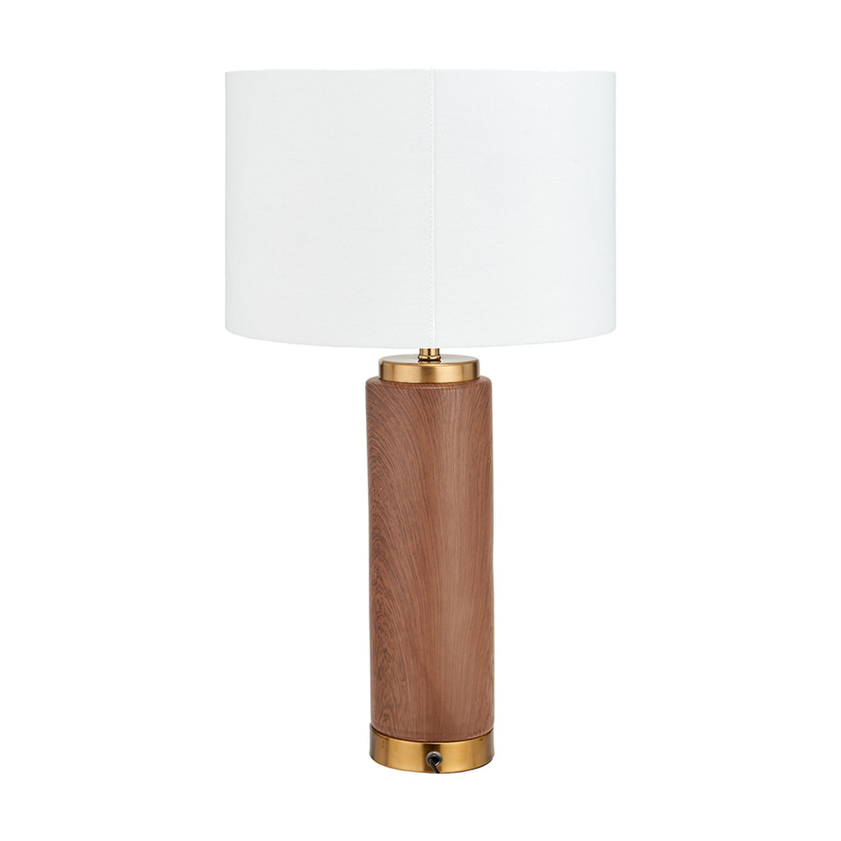 Carrara Wood Effect Ceramic Tall Table Lamp, 55cm, with a cylindrical wood-tone ceramic base, brass fittings, and a white fabric drum shade on a plain white background.
