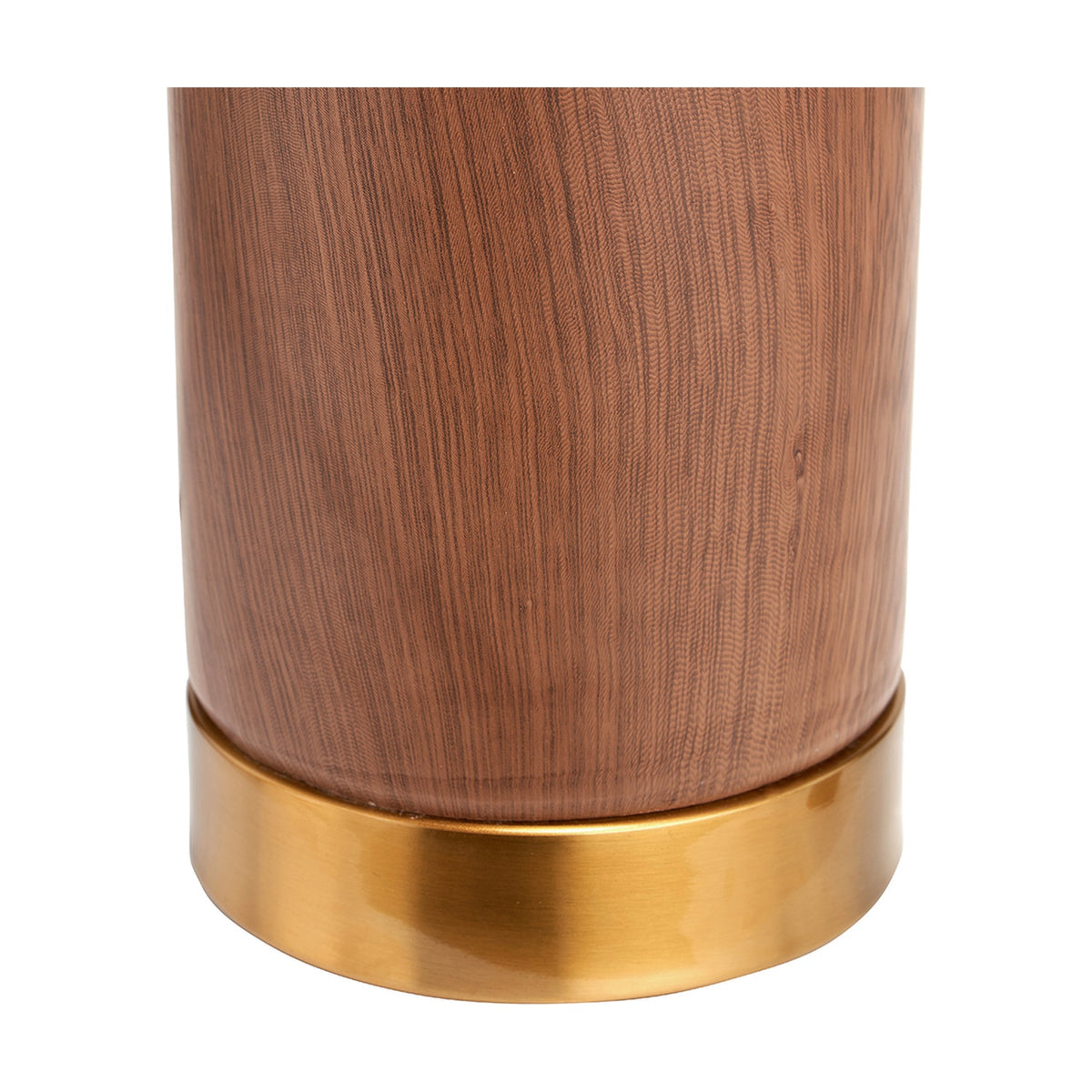 Close-up of the Carrara Wood Effect Ceramic Tall Table Lamp base, showing wood-toned ceramic body with a brushed brass ring detail on a plain white background.