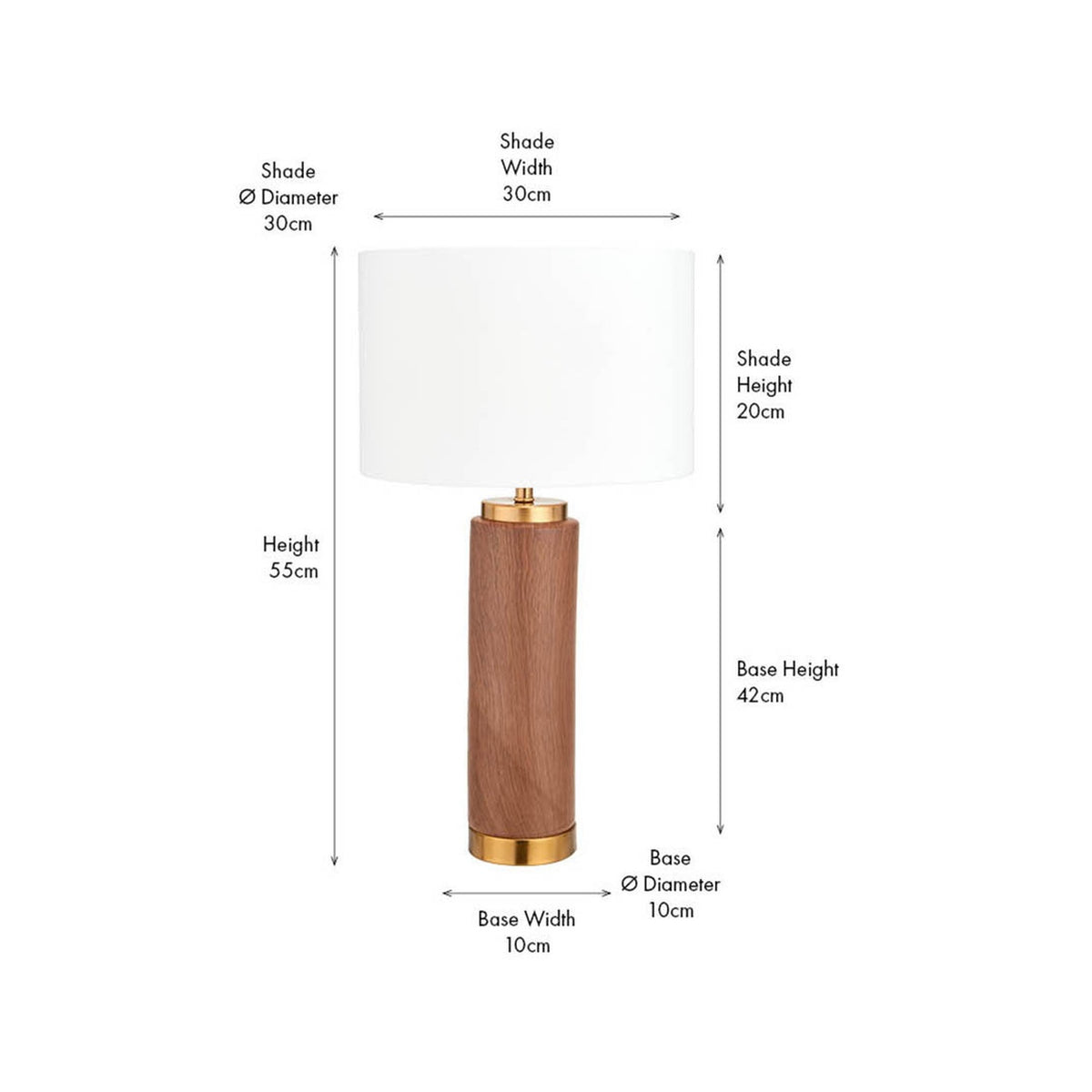 Carrara Wood Effect Ceramic Tall Table Lamp, 55cm, with a cylindrical wood-effect base, brass detailing, and white drum shade, shown with dimension labels on a white background.