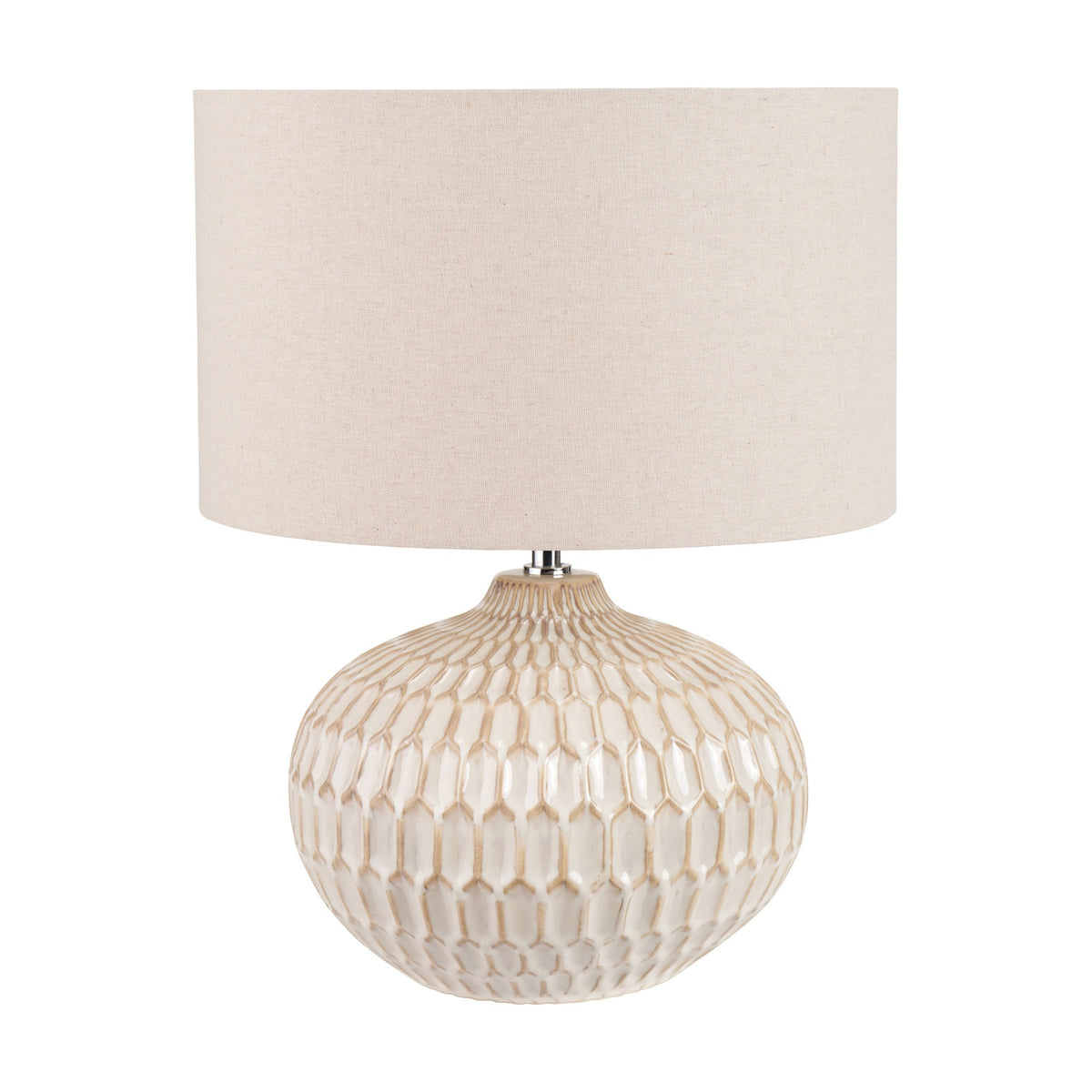 Cassius table lamp with a rounded warm white ceramic base featuring a textured honeycomb pattern, topped with a cylindrical linen drum shade, shown on a plain white background.