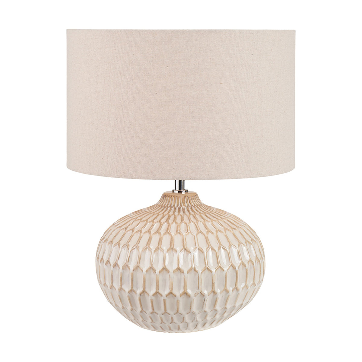 Cassius Warm White Textured Glazed Ceramic Table Lamp, 48cm, with a rounded honeycomb-textured base and a linen drum shade, shown on a plain white background.