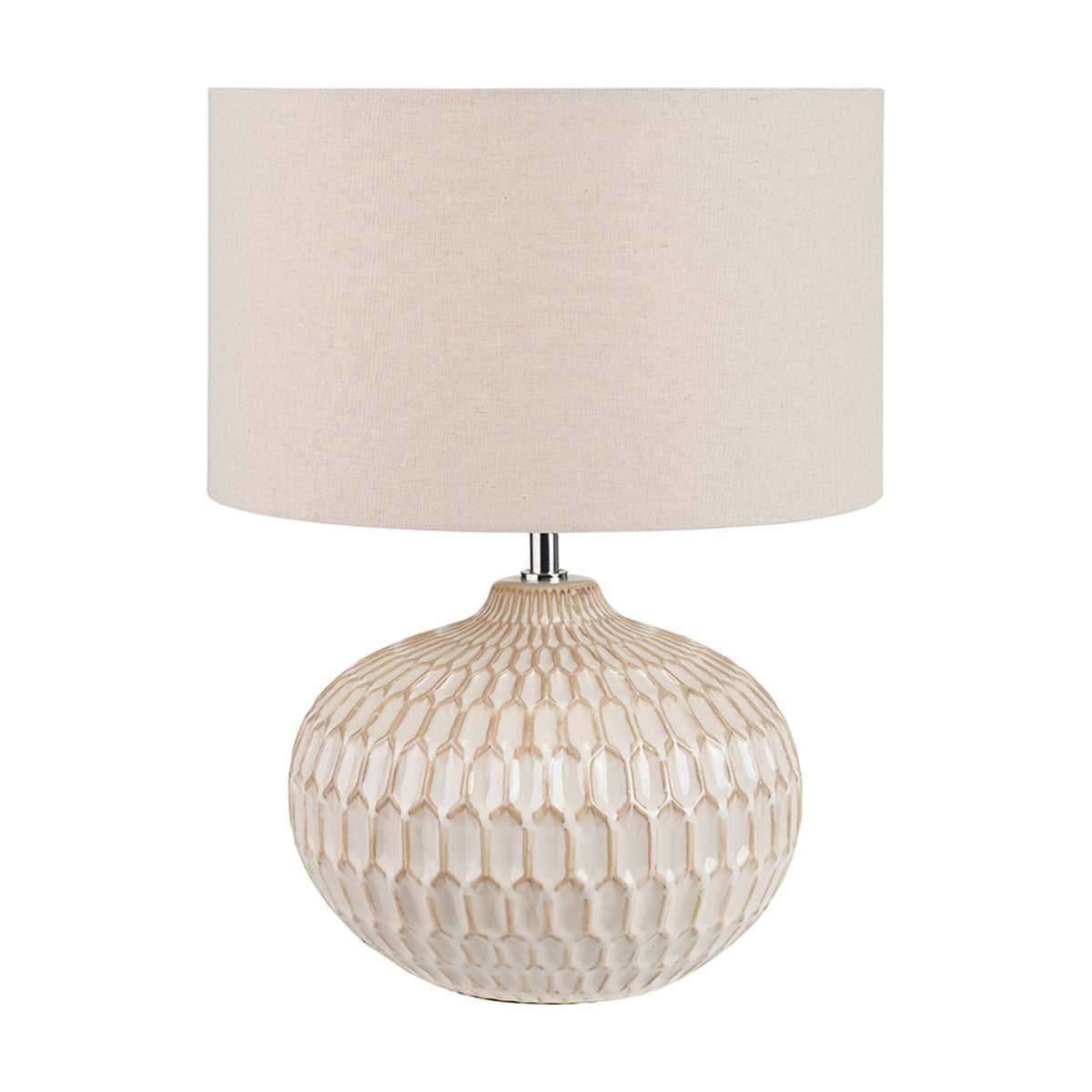 Cassius Warm White Textured Glazed Ceramic Table Lamp, 48cm, with a honeycomb-textured rounded base and a linen drum shade, shown on a plain white background.