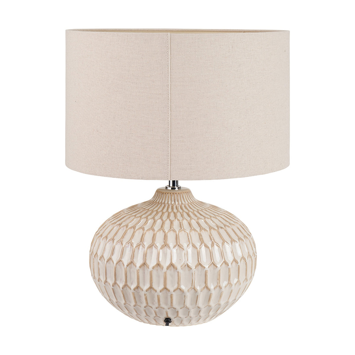 Cassius Warm White Textured Glazed Ceramic Table Lamp, 48cm, with a rounded honeycomb-textured base and linen drum shade on a plain white background.