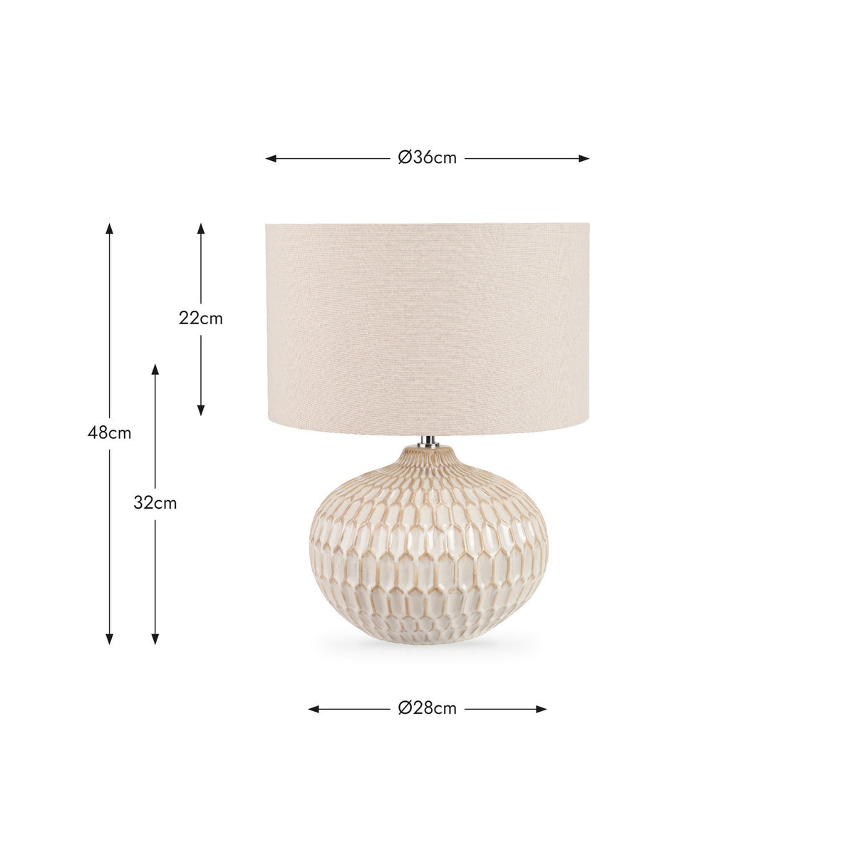 Cassius table lamp with a rounded, textured warm white ceramic base and a cylindrical linen shade, shown with dimension guides: 48cm height, Ø28cm base, Ø36cm shade.
