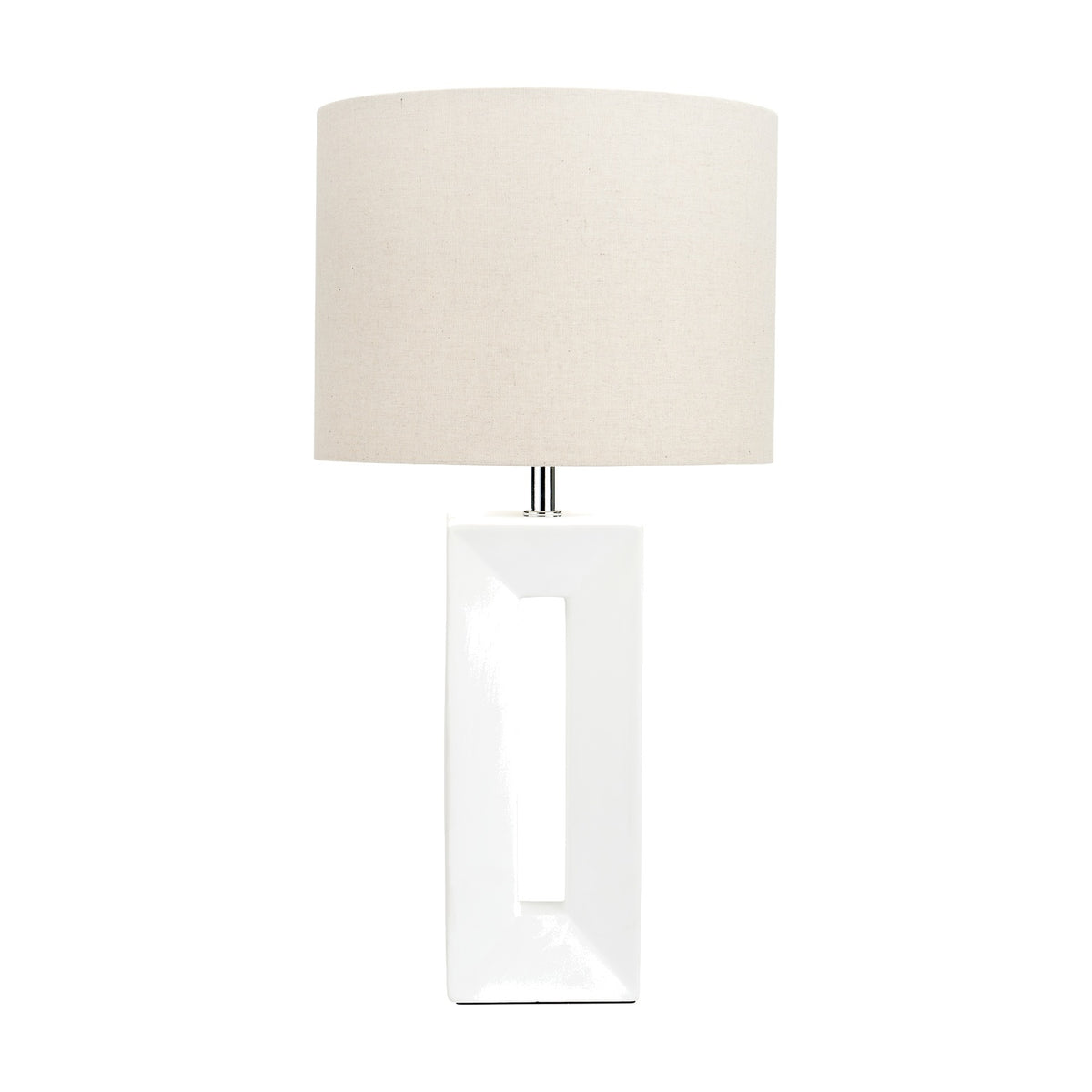 Block White Ceramic Tall Table Lamp, 58cm, with rectangular cut-out base and drum-shaped linen shade, shown on a plain white background.