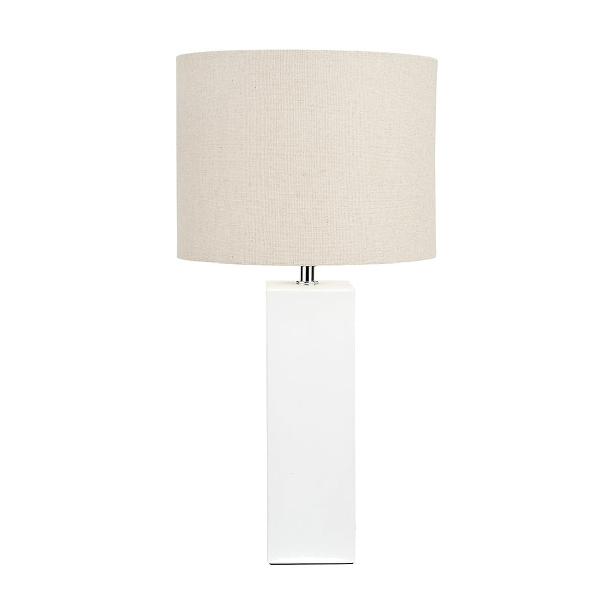 Block White Ceramic Tall Table Lamp, 58cm, with a rectangular white ceramic base and a linen drum shade, shown on a plain white background.