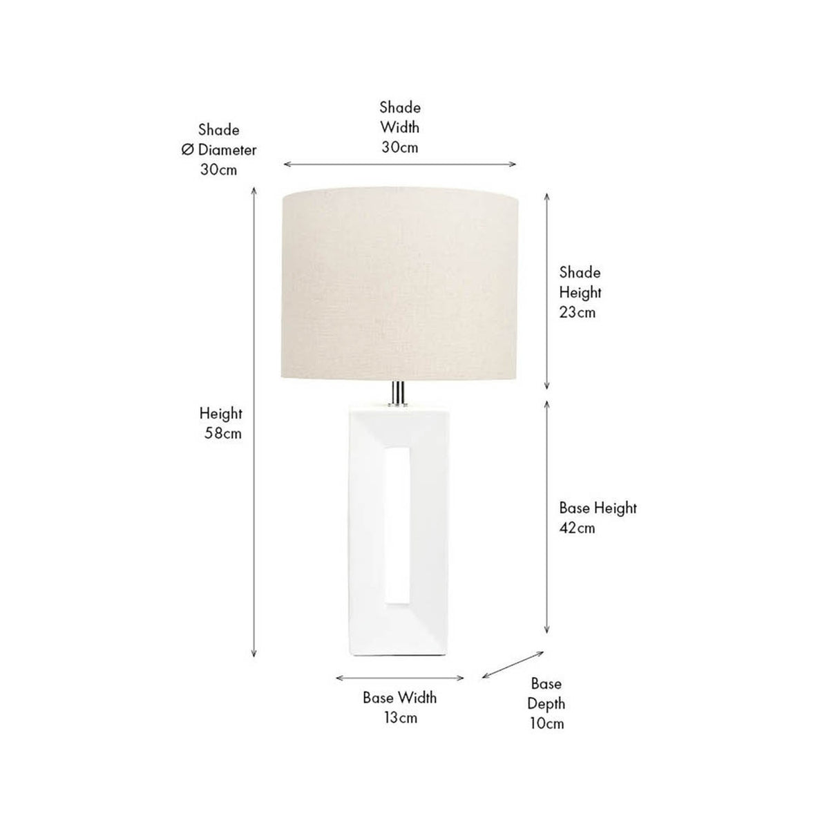 Block White Ceramic Tall Table Lamp, 58cm, with rectangular cut-out base and drum linen shade, shown with labelled dimensions on a white background.