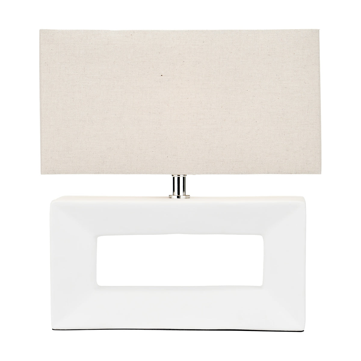 Block White Ceramic Rectangular Table Lamp, 35cm, with a rectangular open-cut white base and a rectangular linen shade, chrome fittings, shown on a plain white background.