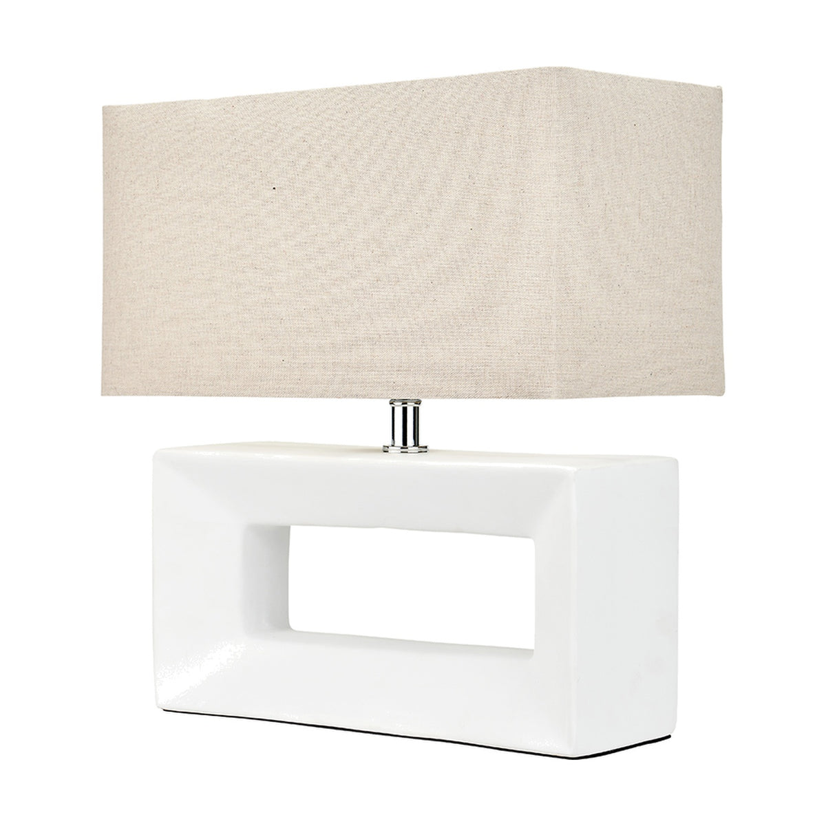 White ceramic rectangular table lamp with an open block base and rectangular linen shade, on a plain white background.