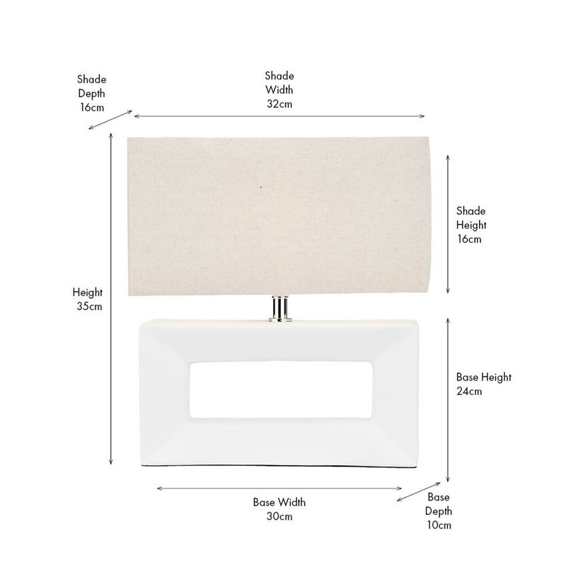 Block White Ceramic Rectangular Table Lamp, 35cm, with a rectangular open base and linen shade, shown with labelled dimensions on a white background.