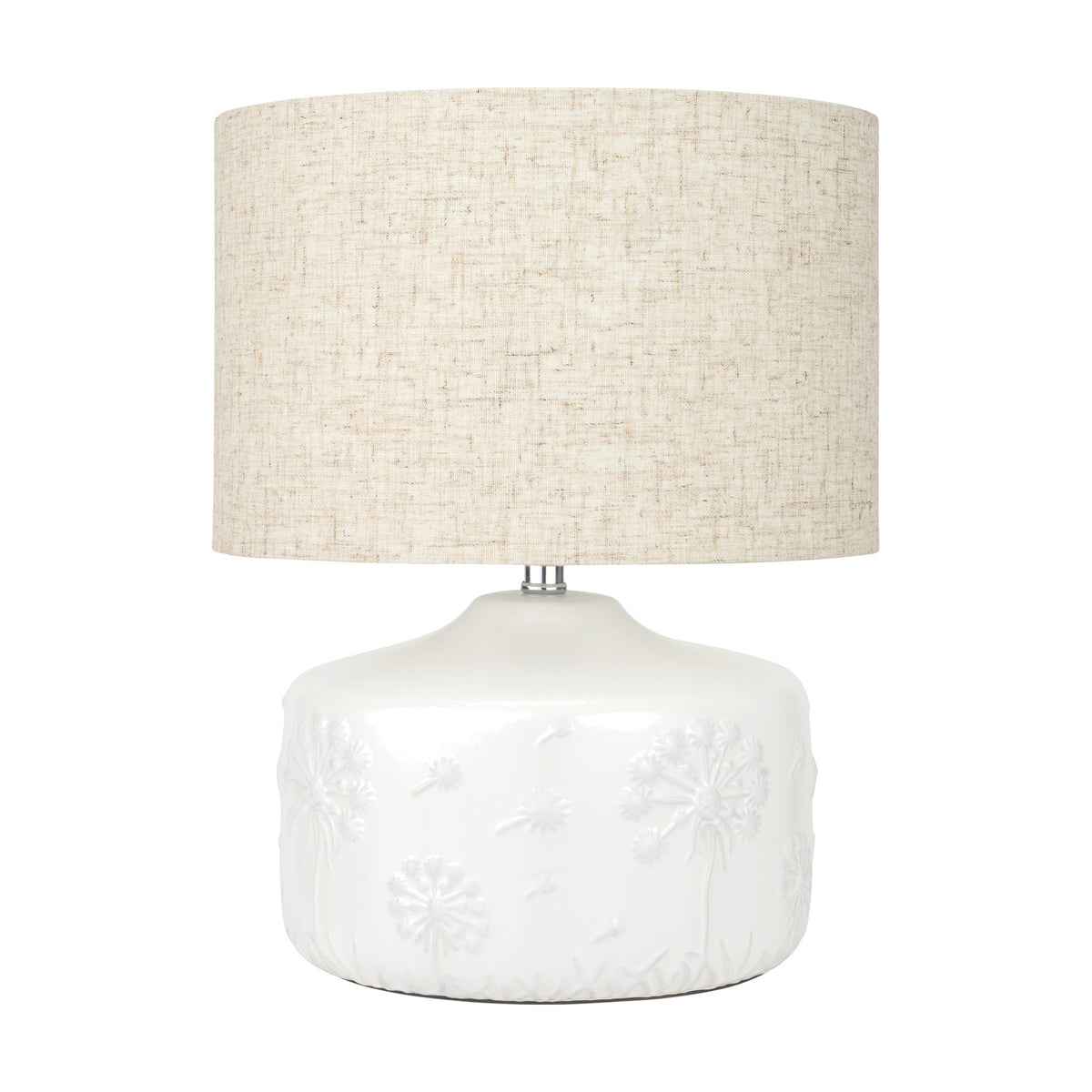 Flora White Small Floral Ceramic Table Lamp, 33cm, with a raised dandelion motif base and a natural linen drum shade, shown on a plain white background.