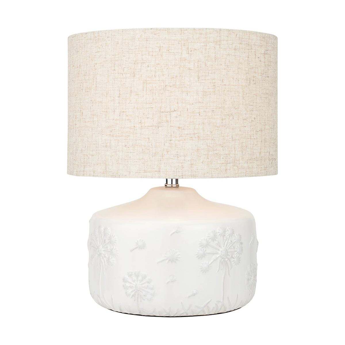 Flora White Small Floral Ceramic Table Lamp with a round textured white base and an oatmeal linen drum shade, shown on a plain white background.