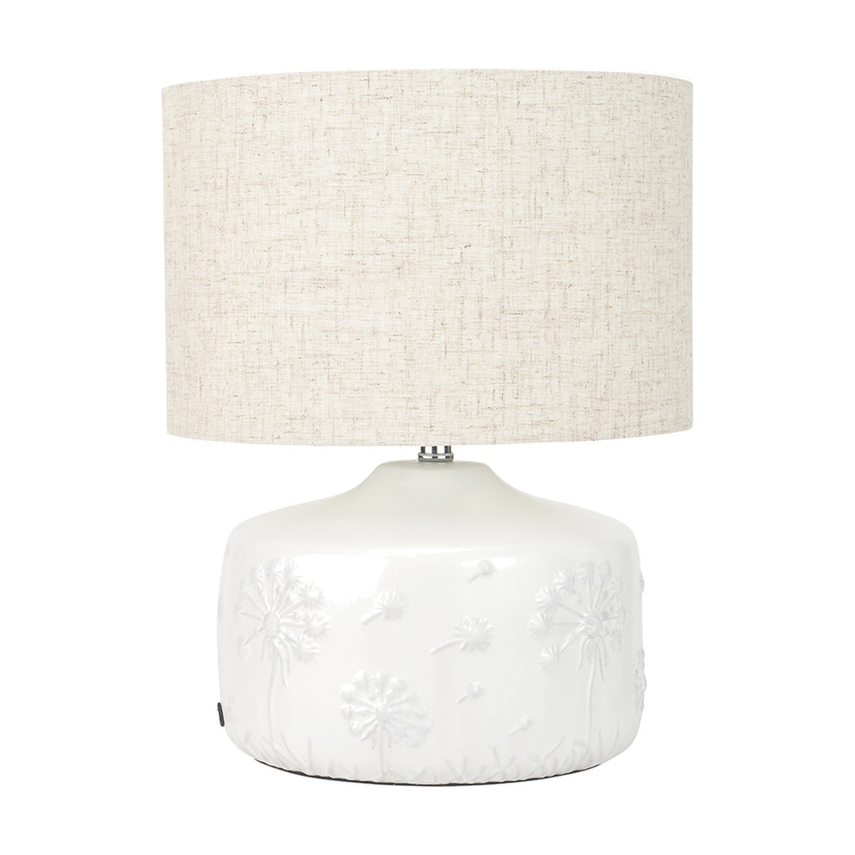 Flora White Small Floral Ceramic Table Lamp, 33cm, with a raised dandelion motif base and an oval linen drum shade, shown on a plain white background.
