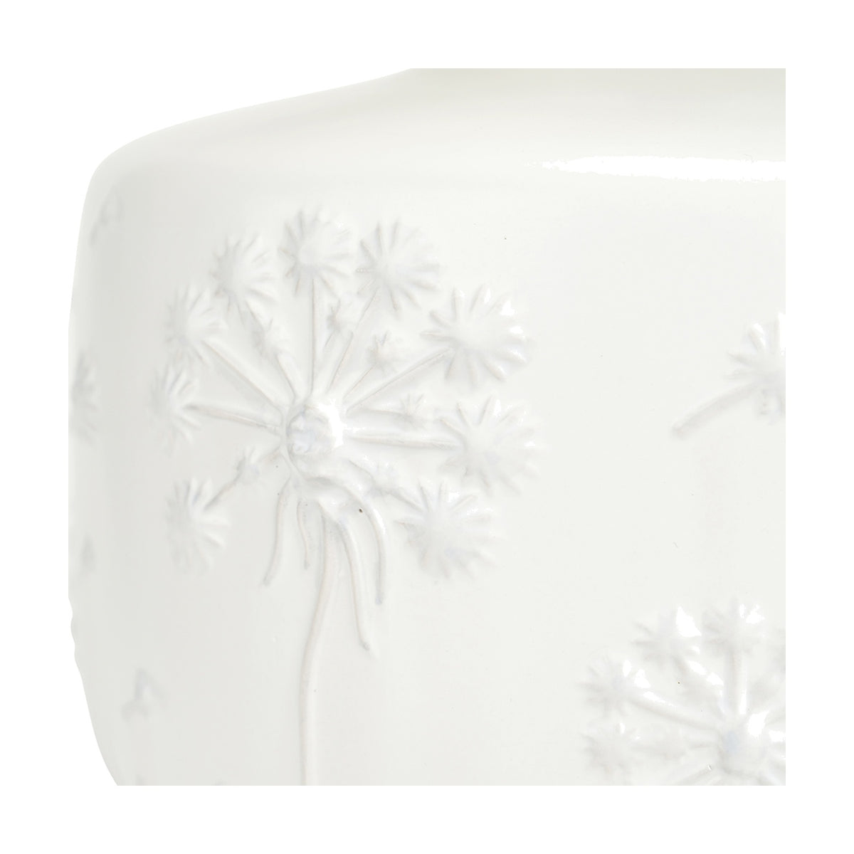 Close-up of the Flora White Small Floral Ceramic Table Lamp base showing raised dandelion motifs on a glossy white ceramic surface.