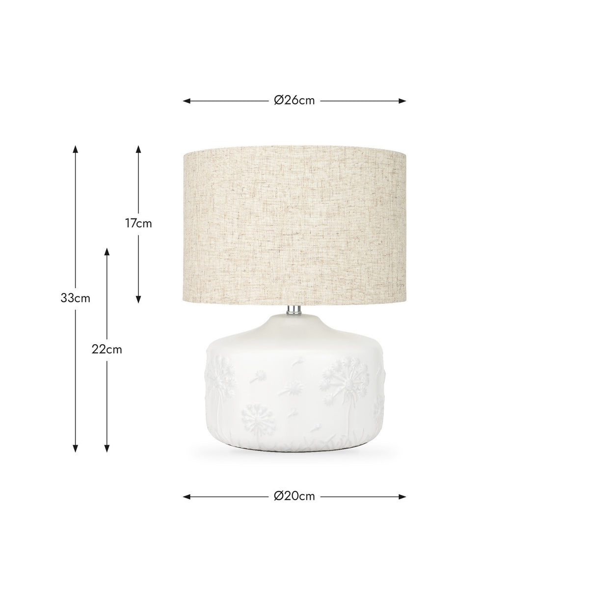 Flora White Small Floral Ceramic Table Lamp, 33cm, with a textured beige linen drum shade on a white embossed floral ceramic base, shown with dimensions on a white background.