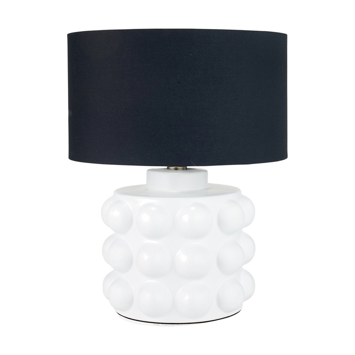 Serenity White Bobbled Ceramic Large Table Lamp with a navy drum shade, textured bubble-patterned base, on a plain white background.