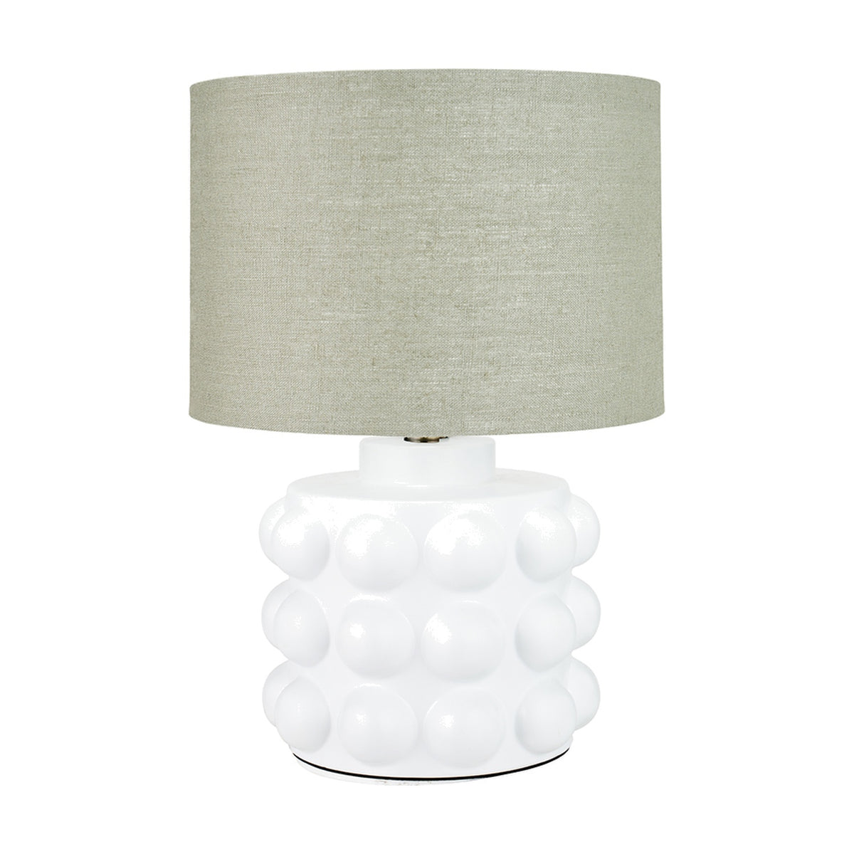 Serenity White Bobbled Ceramic Large Table Lamp, 36cm, with a textured spherical base and grey drum shade on a plain white background.