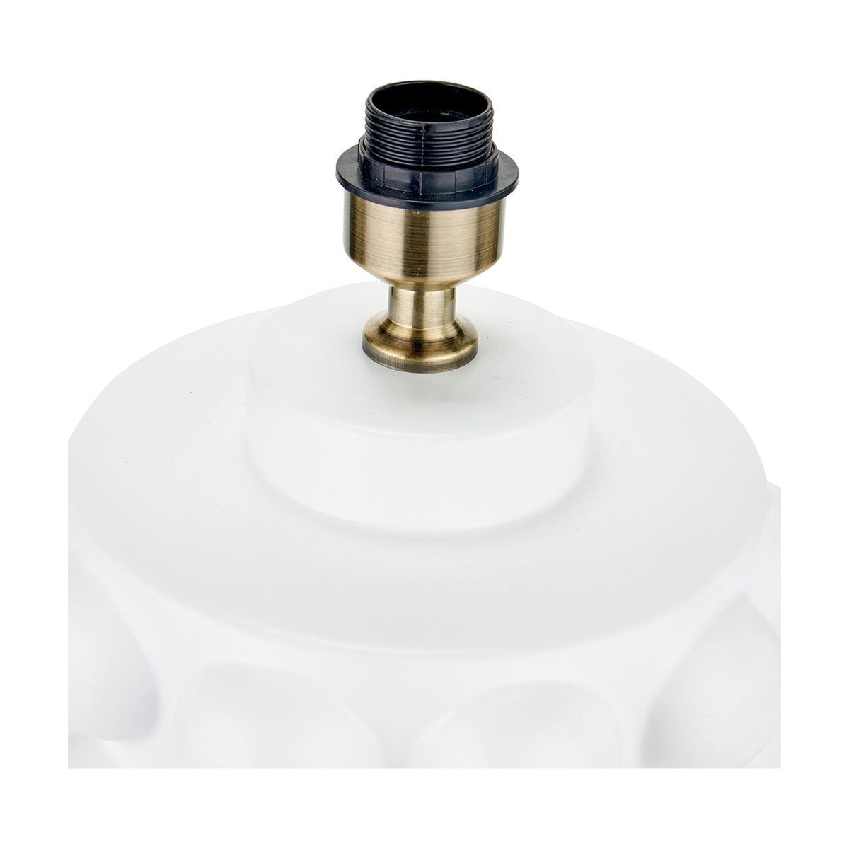 Close-up of the Serenity White Bobbled Ceramic Large Table Lamp Base showing the antique brass fitting and threaded socket atop the white ceramic base, plain white background.
