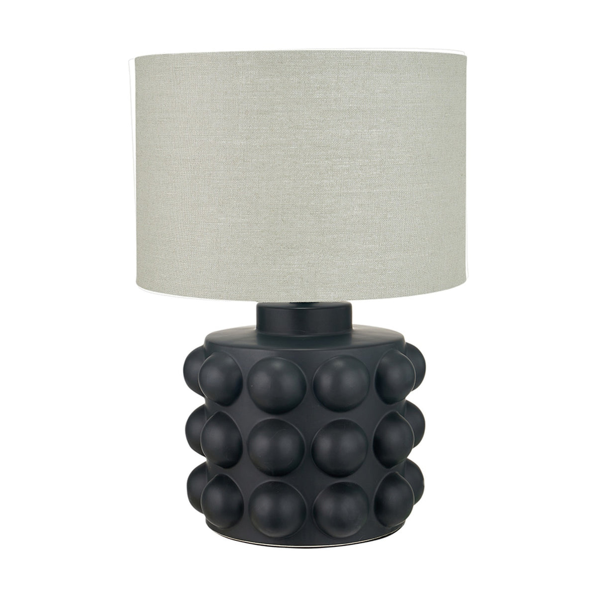 Table lamp with a matte black ceramic bobbled base and a light grey drum shade, shown on a plain white background.