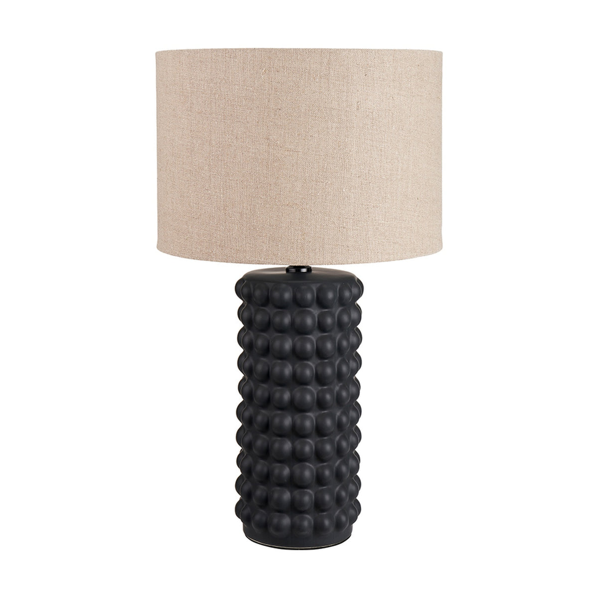 Sohan Black Bobbled Ceramic Tall Table Lamp Base, 48cm, with a textured cylindrical body and natural linen drum shade, shown on a plain white background.