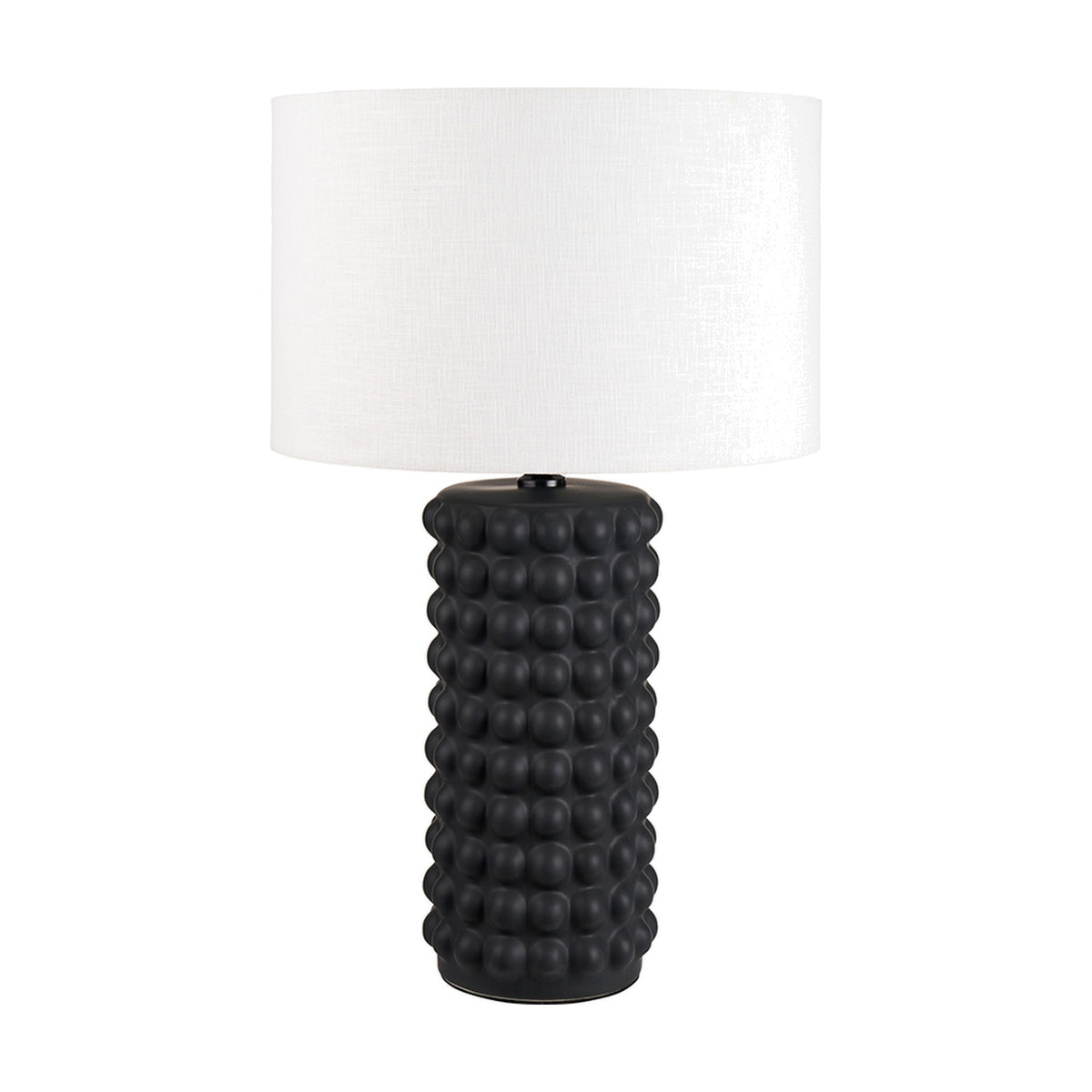 Sohan table lamp with a tall cylindrical black bobbled ceramic base and white drum shade, shown on a plain white background.