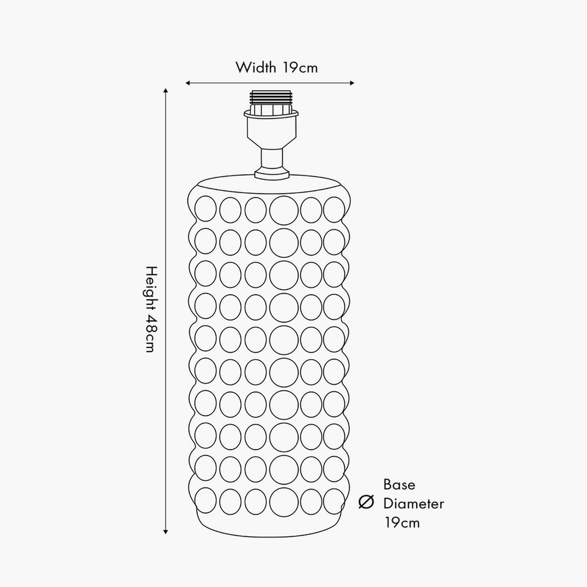 Line drawing of Sohan Black Bobbled Ceramic Tall Table Lamp Base, cylindrical with raised circular bobble texture, showing 48cm height and 19cm width and base diameter on a white background.
