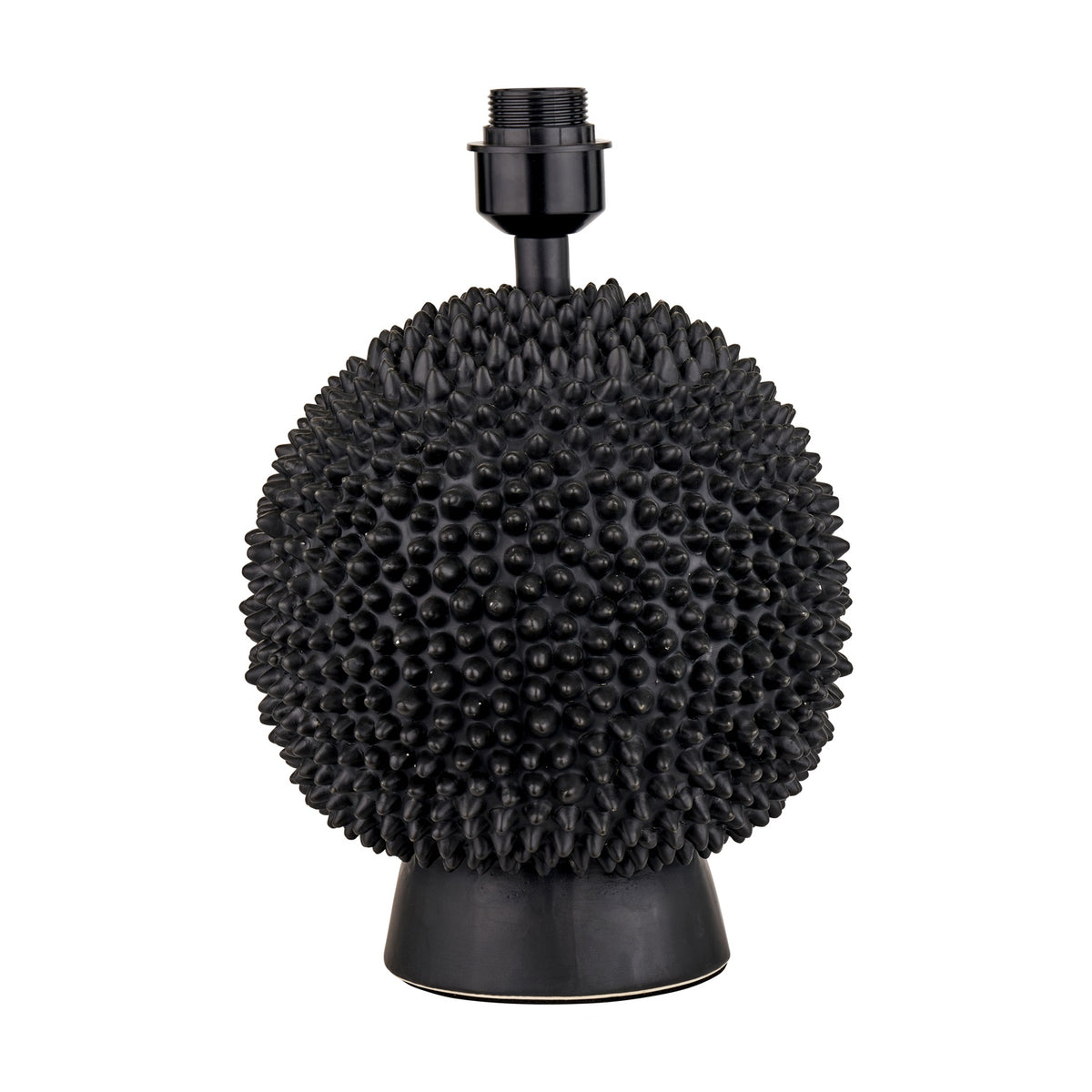 Wrenley black ceramic table lamp base, 37cm, with a spiky sea urchin-textured spherical body, tapered round foot, and black fitting, shown on a plain white background.