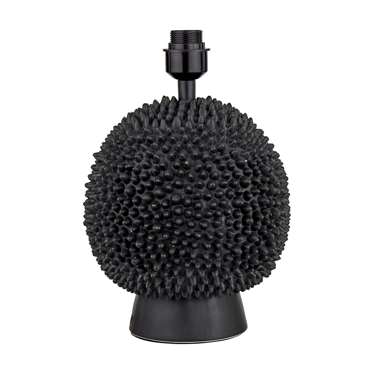 Wrenley black ceramic table lamp base, 37cm, with a spiky sea urchin textured sphere on a tapered round foot and black socket fitting, shown on a plain white background.