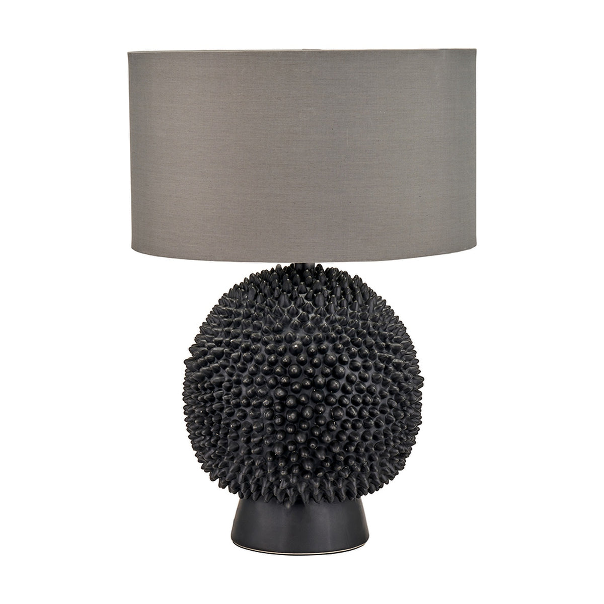Wrenley Black Ceramic Sea Urchin Table Lamp Base, 37cm, with spiky textured round base and grey drum shade, on a plain white background.