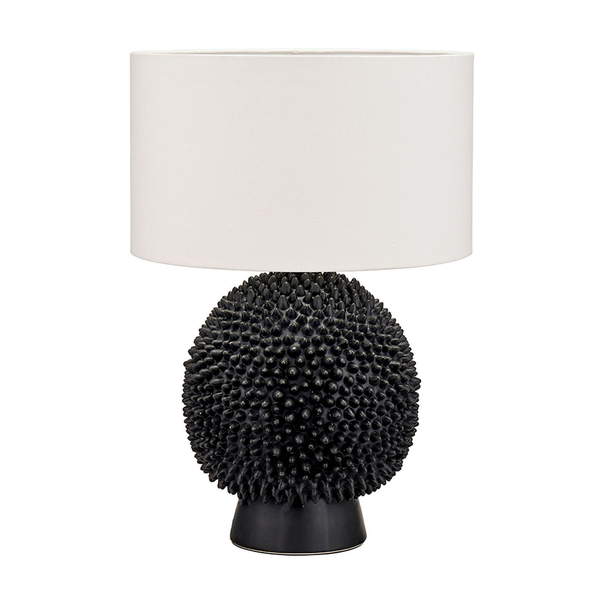 Wrenley Black Ceramic Sea Urchin Table Lamp Base, 37cm, with spiky textured sphere and drum-style white fabric shade, shown on a plain white background.