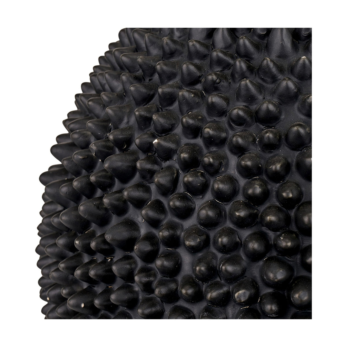 Close-up of the Wrenley Black Ceramic Sea Urchin Table Lamp Base, showing its textured, spiked black ceramic surface in a studio setting.
