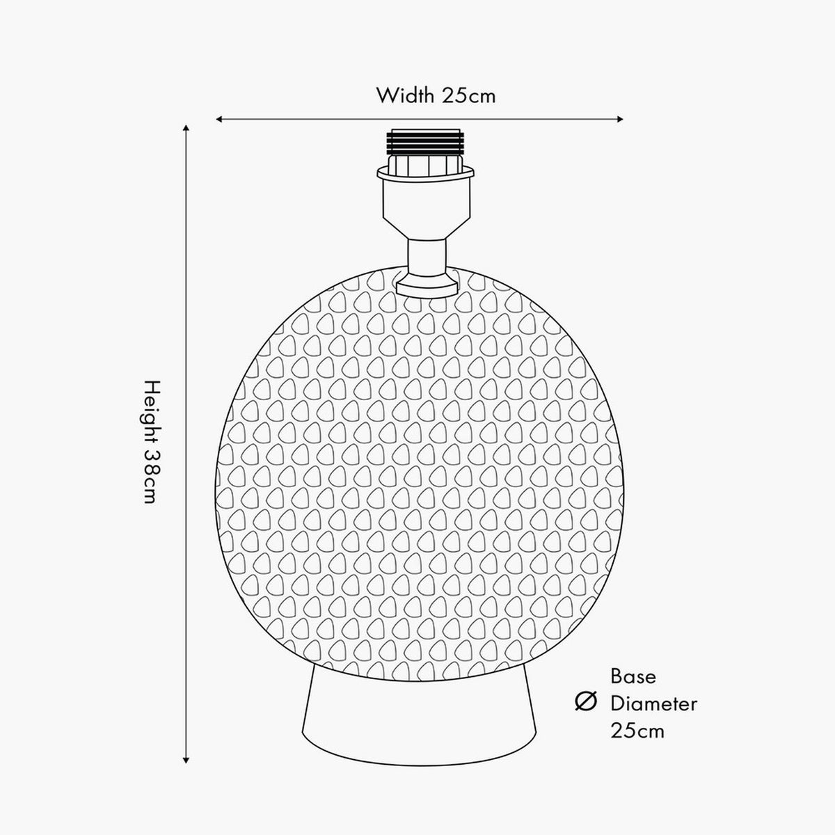 Line drawing of the Wrenley Black Ceramic Sea Urchin Table Lamp Base showing a round textured body with lamp fitting, width 25cm, height 38cm, base diameter 25cm.