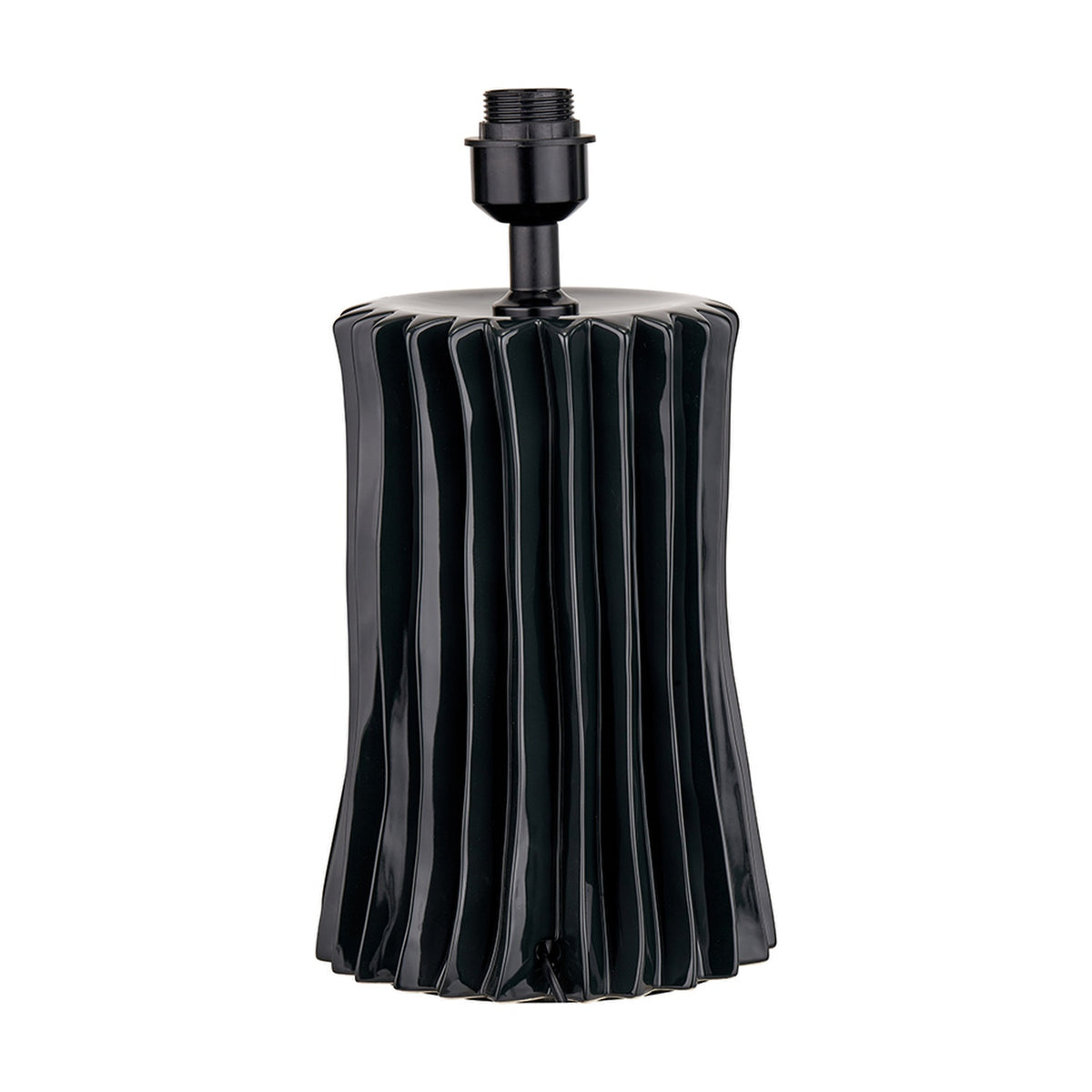 Devony Black Pleated Ceramic Table Lamp Base, 38cm tall with a fluted cylindrical body and black lamp fitting, shown on a plain white background.