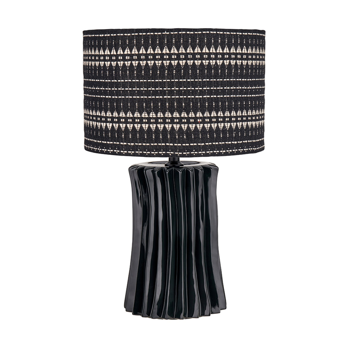 Devony Black Pleated Ceramic Table Lamp with fluted, ribbed base and black patterned drum shade, shown on a plain white background.