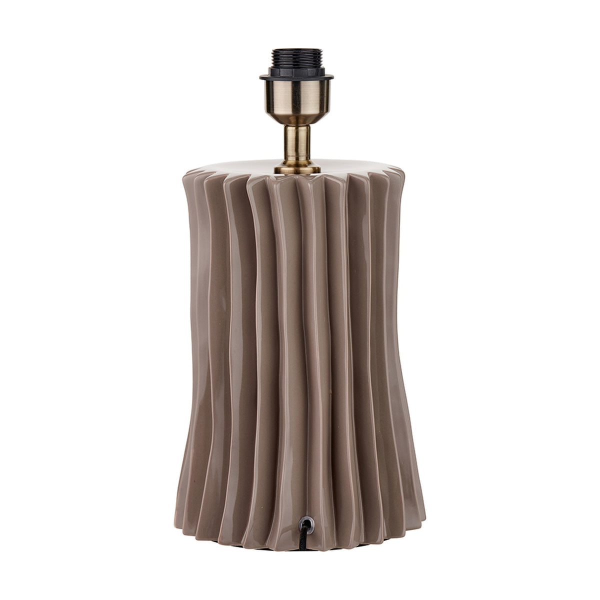 Devony Taupe Pleated Ceramic Table Lamp Base, 38cm, with ridged fluted body and antique brass fitting, shown on a plain white background.
