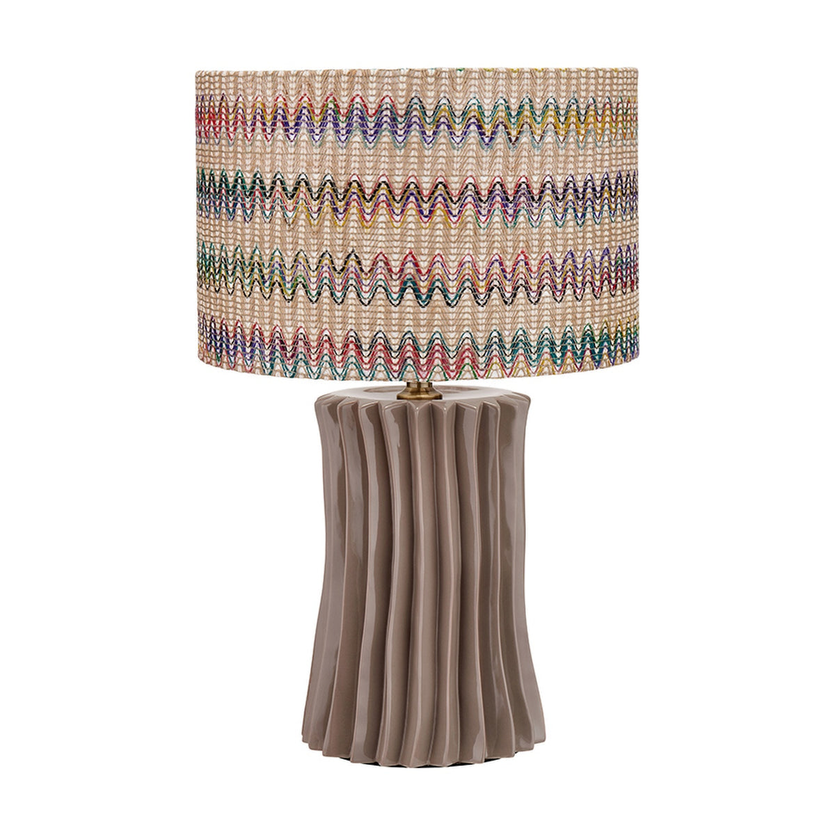 Devony Taupe Pleated Ceramic Table Lamp Base, 38cm, with a ribbed art-deco style body and a woven multicoloured chevron-pattern drum shade, on a plain white background.