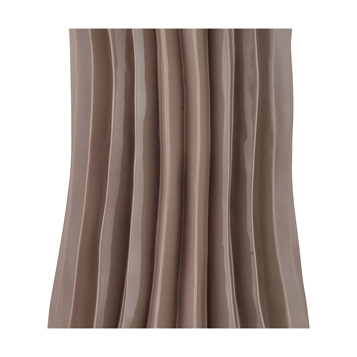 Close-up of the Devony Taupe Pleated Ceramic Table Lamp Base, 38cm, showing its ridged, fluted texture and glossy taupe finish.