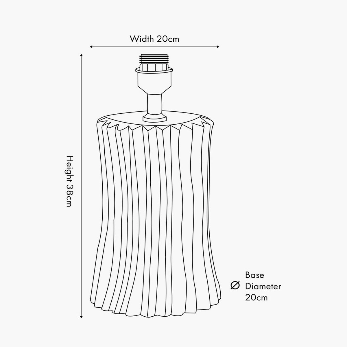 Line drawing of the Devony Taupe Pleated Ceramic Table Lamp Base with fluted column body and E27 fitting, labelled 38cm height and 20cm width/base diameter.
