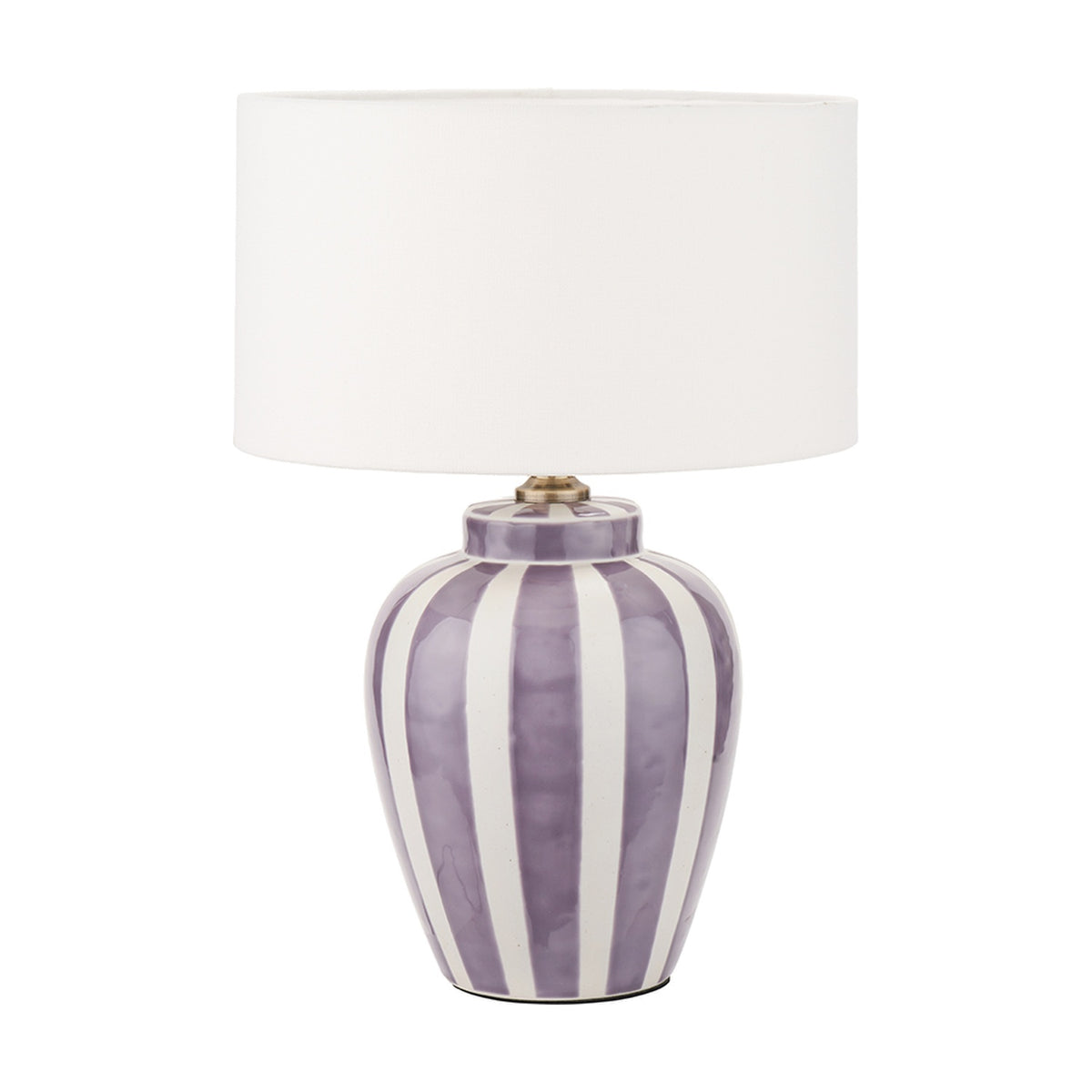 Priscilla Lilac Striped Ceramic Table Lamp, 33cm, with a purple and white striped ceramic base, brass-tone fitting, and white drum shade on a plain white background.