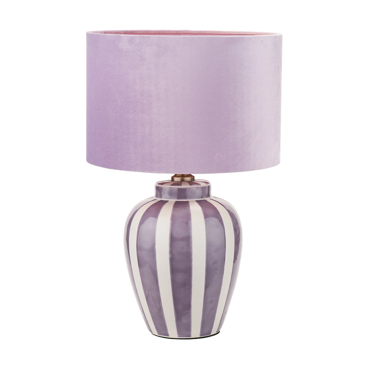 Priscilla table lamp with a purple and white striped ceramic base and a lilac fabric drum shade, shown on a plain white background.