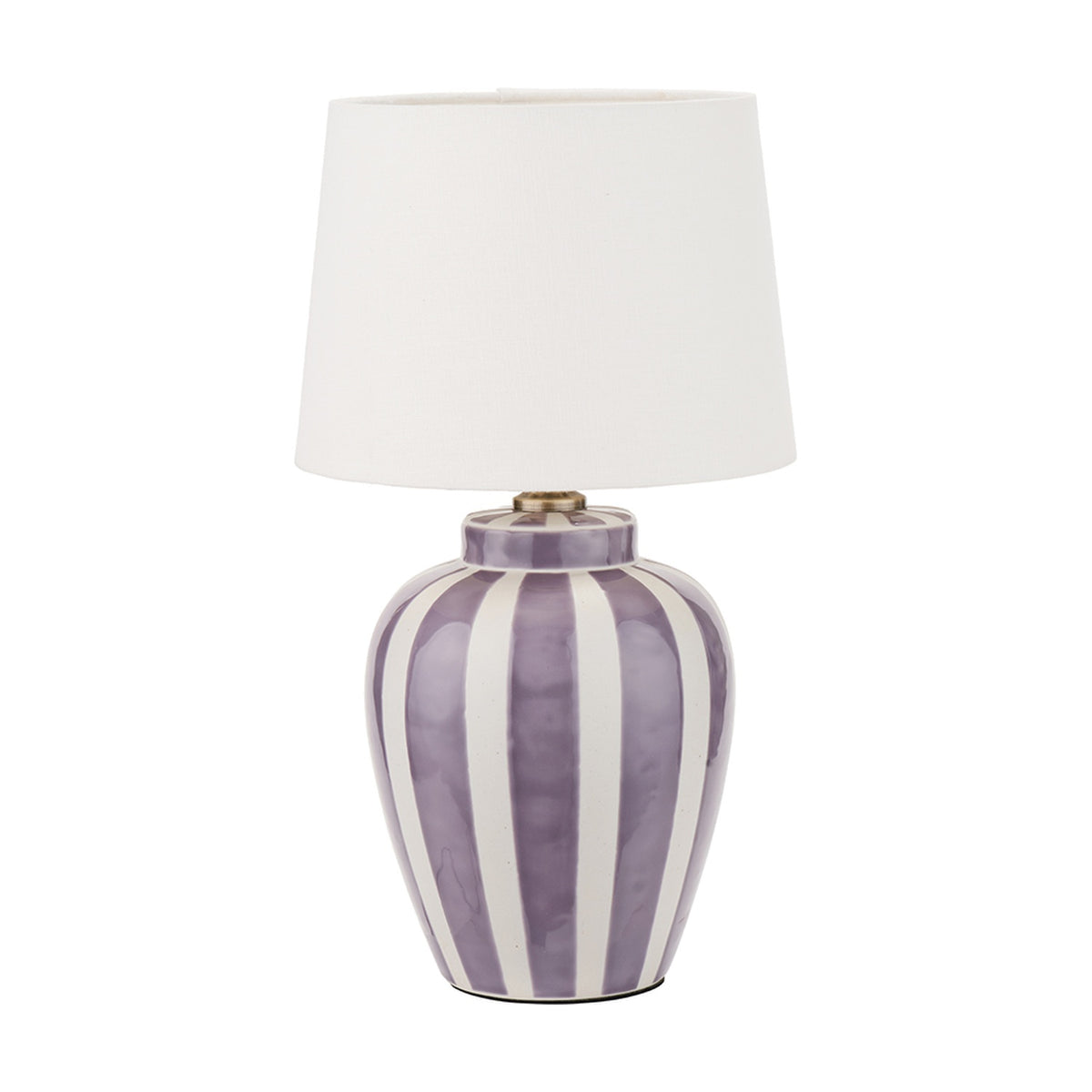 Priscilla Lilac Striped Ceramic Table Lamp, 33cm, with a purple and white striped ceramic base and white tapered fabric shade, on a plain white background.