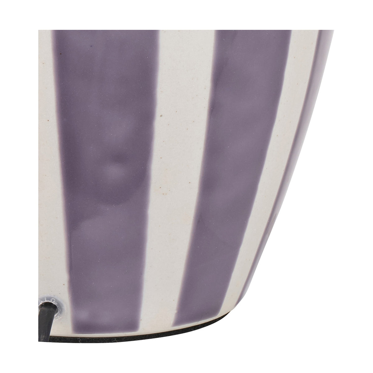 Close-up of the Priscilla ceramic table lamp base, 33cm, showing lilac and white vertical stripes with a glossy finish.