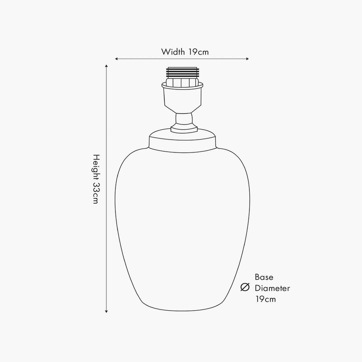Line drawing of the Priscilla ceramic table lamp base with E27 fitting, showing height 33cm, width 19cm, and base diameter 19cm on a plain background.