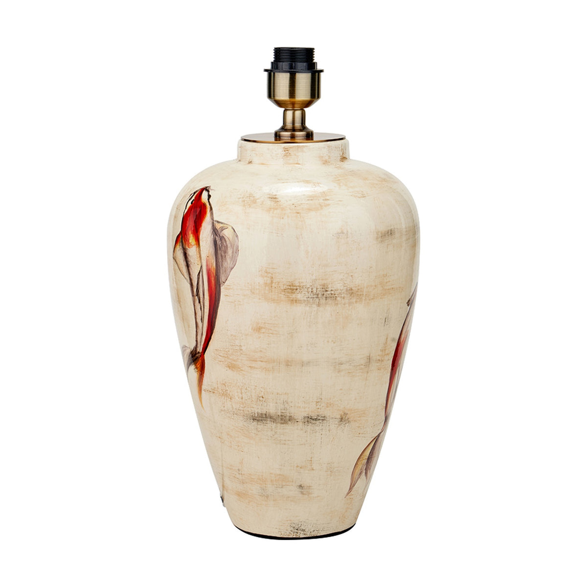 Emerayn Koi ceramic table lamp base, 46cm, in cream with hand-painted koi fish design in red and grey, brass fitting, on a plain white background.