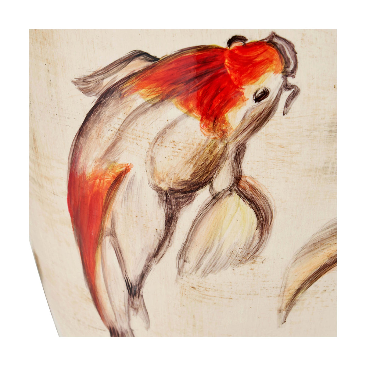 Emerayn Koi Ceramic Table Lamp Base, 46cm, close-up detail of a hand-painted red and white koi fish design on a cream ceramic surface.