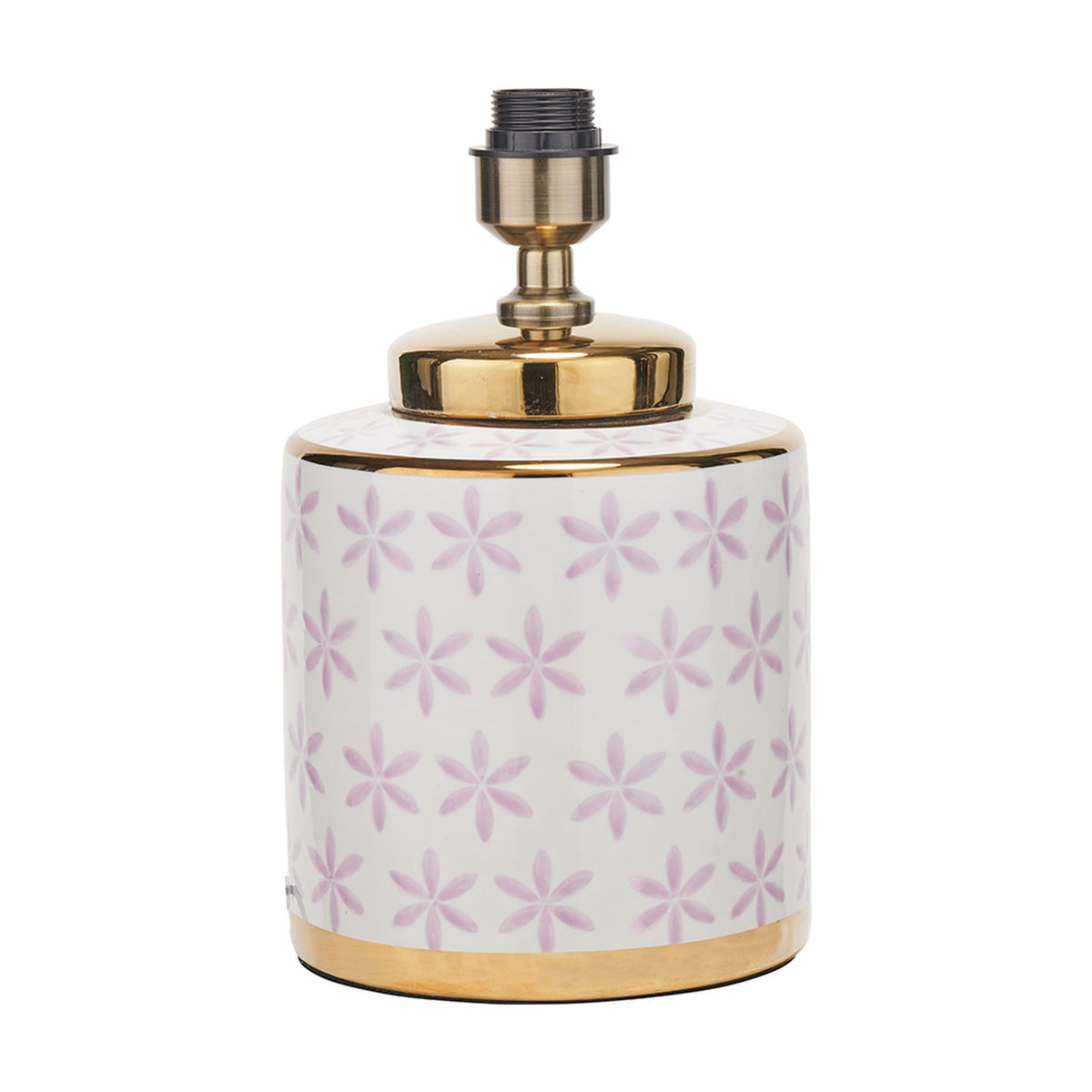 Thea Lilac & Gold Leaf ceramic table lamp base, 33cm, cylindrical body with lilac floral pattern on white, gold banding, and antique brass fitting, on a plain white background.