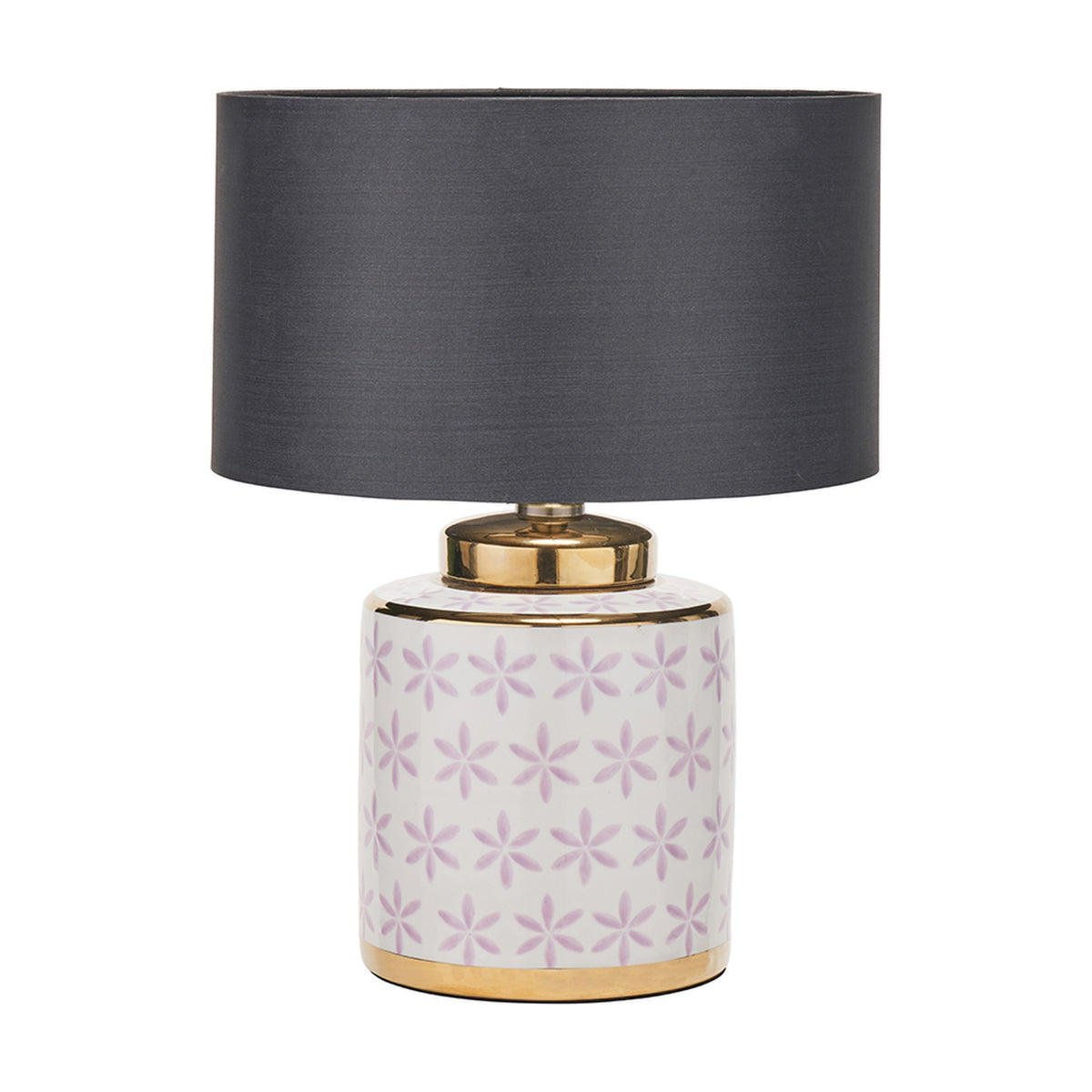 Table lamp with a white ceramic base featuring lilac floral pattern and gold trim, paired with a charcoal drum shade, on a plain white background.