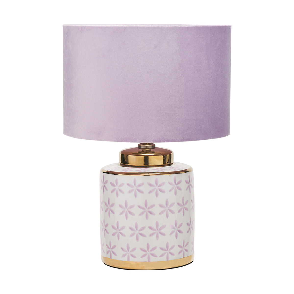 Thea Lilac & Gold Leaf ceramic table lamp with a floral patterned base, gold trim, and a plain lilac drum shade, shown on a white background.